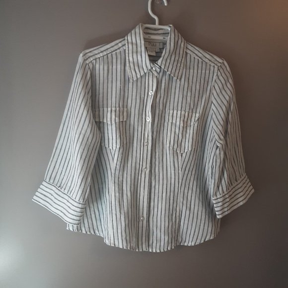 Puli 100% Linen White Grey Pinstripe Button Up Shirt Blouse, Size Large - Picture 1 of 13